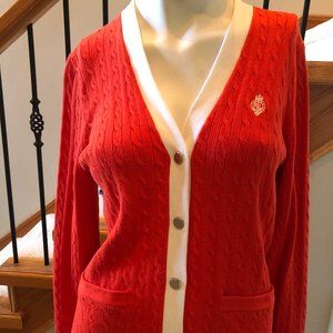 Ralph Lauren Cotton Knit Cardigan Orange+Wht Sz M